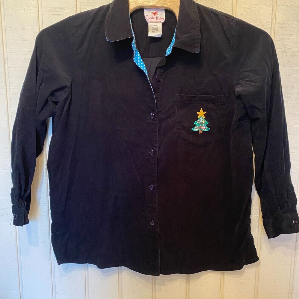Quacker Factory Shirt Women Large Black Cotton Christmas Tree Corduroy Button-Up